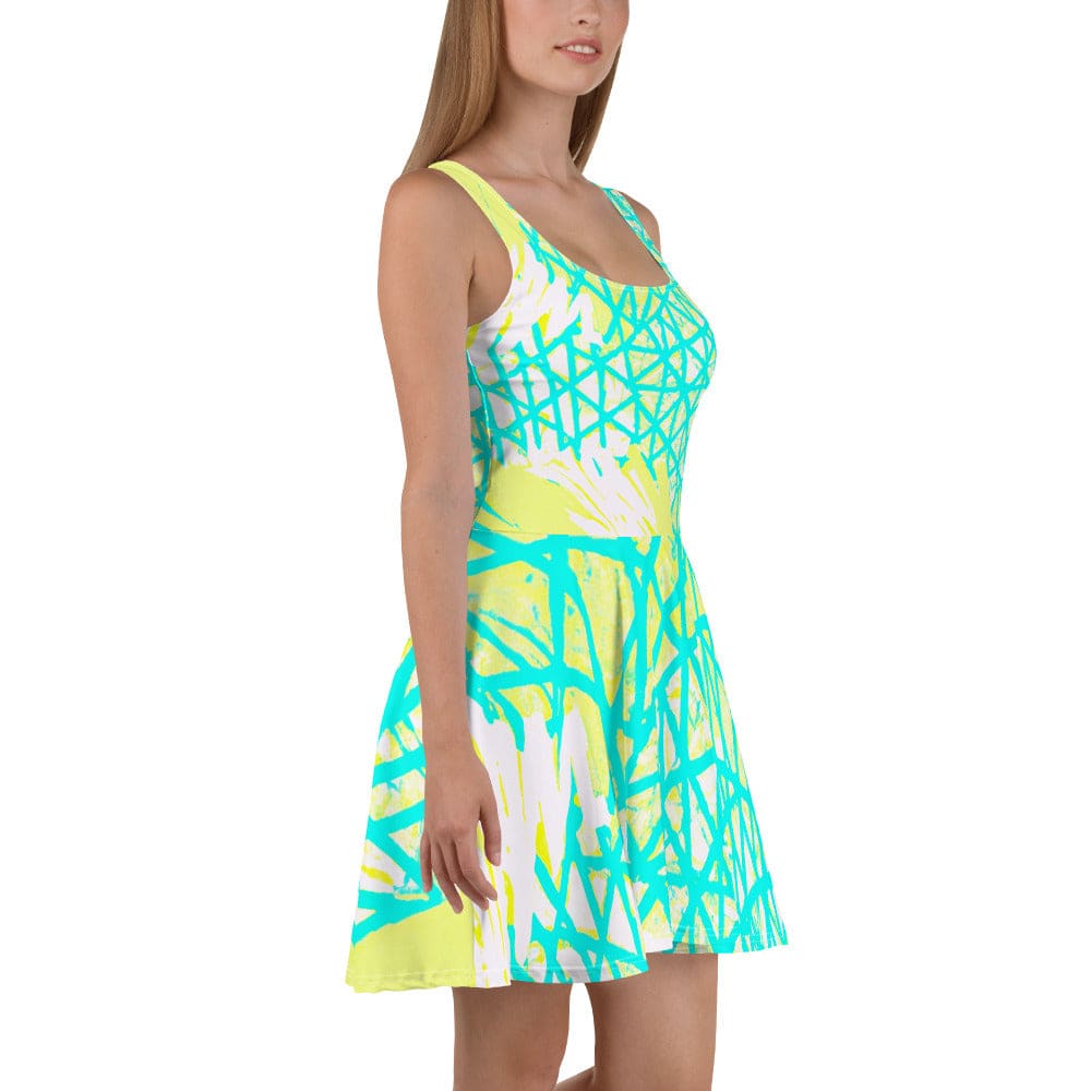 Womens Skater Dress - Cyan Blue Lime Green and White Pattern-4