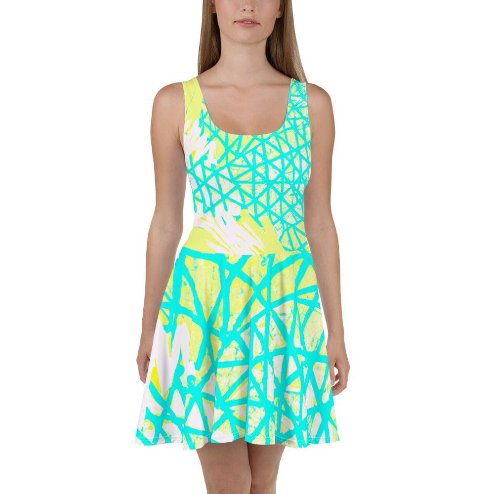 Womens Skater Dress - Cyan Blue Lime Green and White Pattern-1