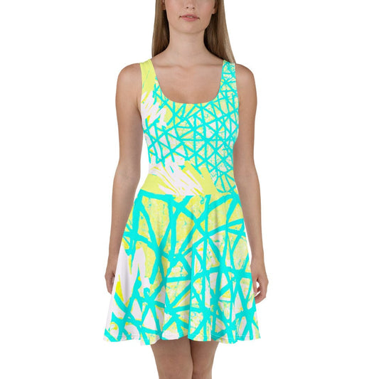 Womens Skater Dress - Cyan Blue Lime Green and White Pattern-1