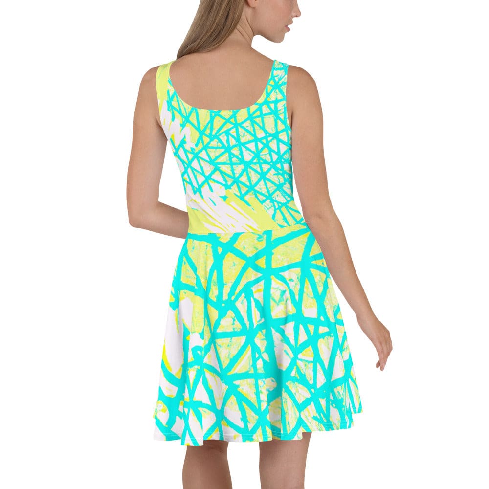 Womens Skater Dress - Cyan Blue Lime Green and White Pattern-2